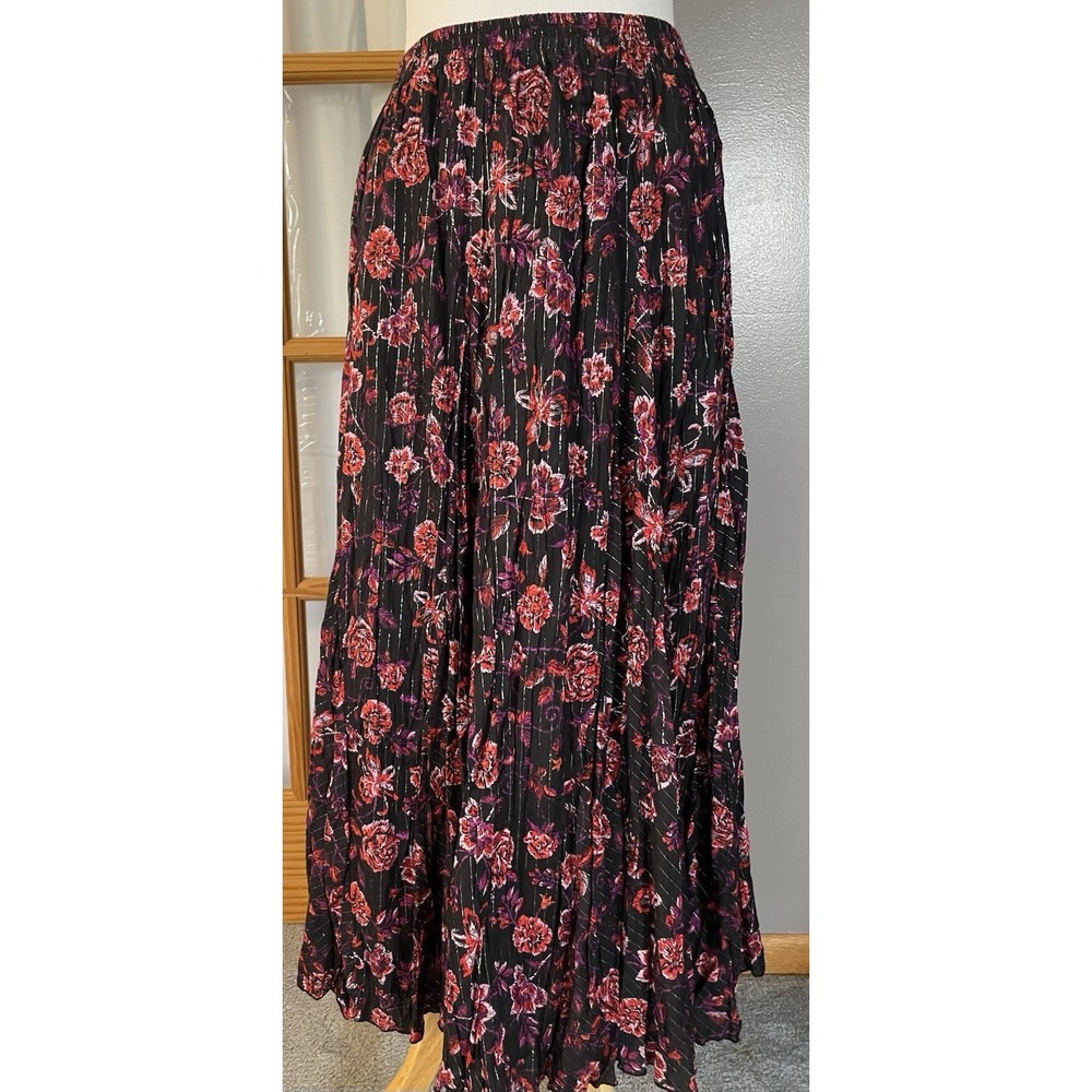 Jessica London Floral Full Skirt Sz 16 Maxi Black Red Metallic Silver Cottage